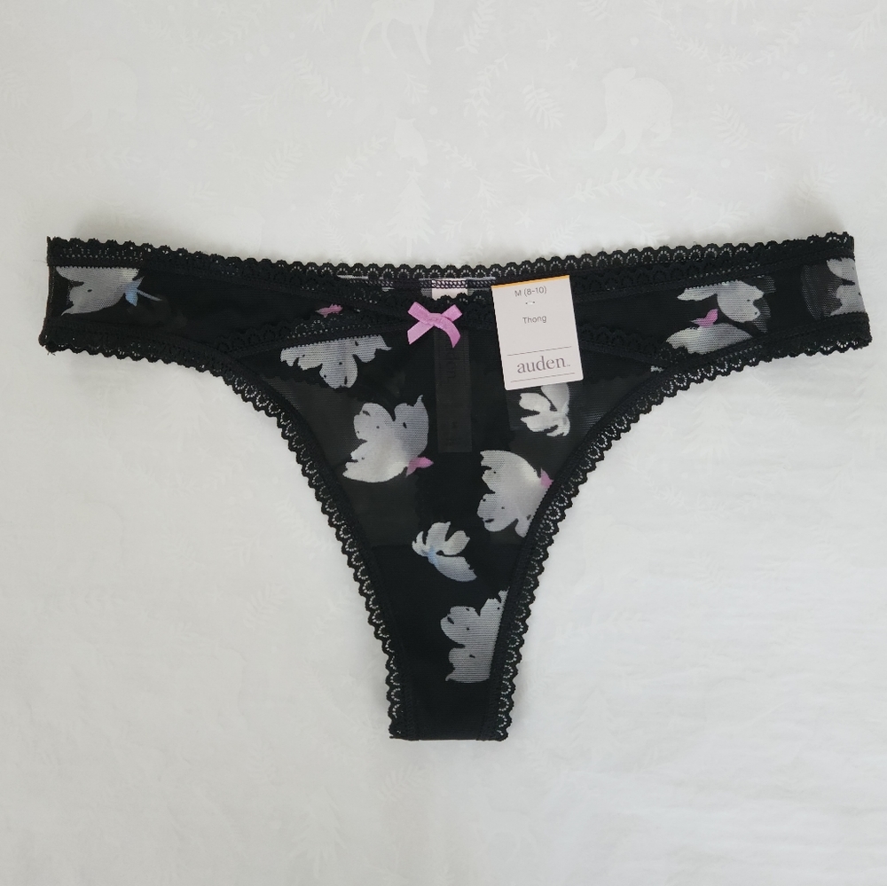 💕🔥NWT Auden thong panties black sheer floral purple bow